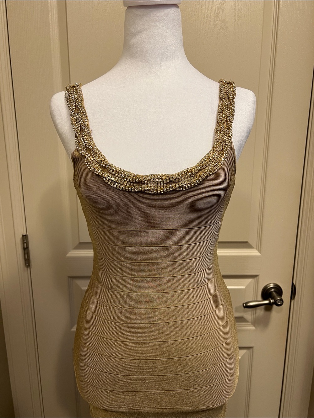 Marciano Gold Rhinestone Chain Beaded Scoop Neck Midi Dress